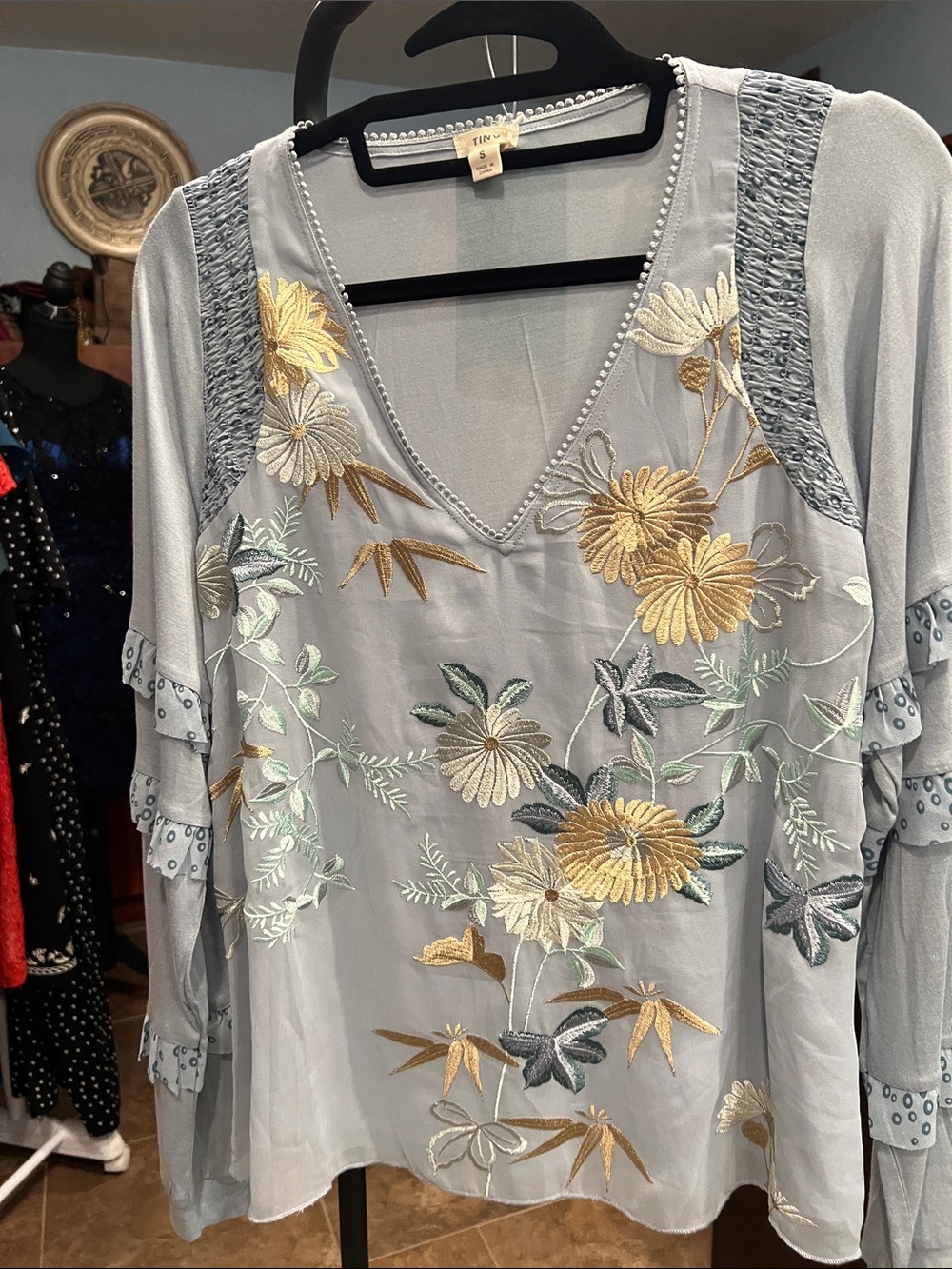 Embroidered Floral V-Neck Womens Top - Light  Blue Gray by Tiny